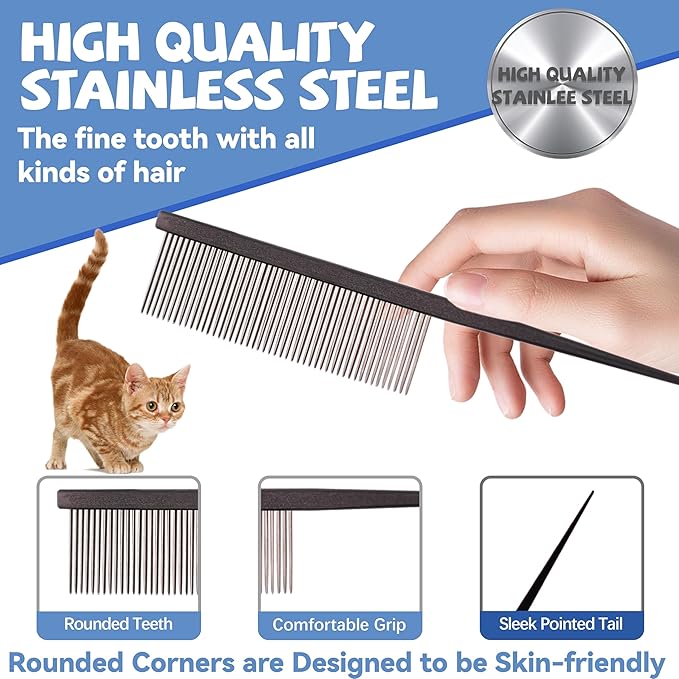 Grooming Pet Comb Rat Tail Dematting Cat and Dog Comb,Rounded Ends Design for Safe Tangle Removal, Hairstyling, Massage,Loose Hair Removal,Prevent Irritation,Fluffing Paws,Face,Tail,Remove Tear Stain