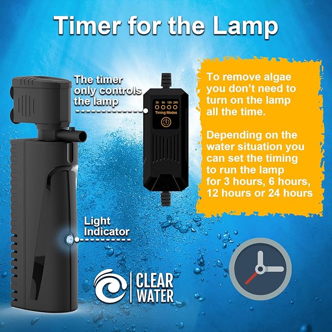 AquaMiracle Aquarium Filter with U - V Light & Pre-Filter Sponge, Fish Tank Filter with Timer for Green Water, Green Clean Machine Turtle Filter with Aeration for Aquarium and Pond 40-70 Gallon