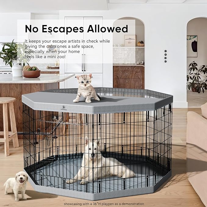 PJYuCien Dog Playpen, 8 Panels 36”H Dog Playpen Indoor with Grey Bottom Pad and Top Cover, Metal Foldable Dog Pen for Indoor Use, Better for Small Medium Animals, Grey