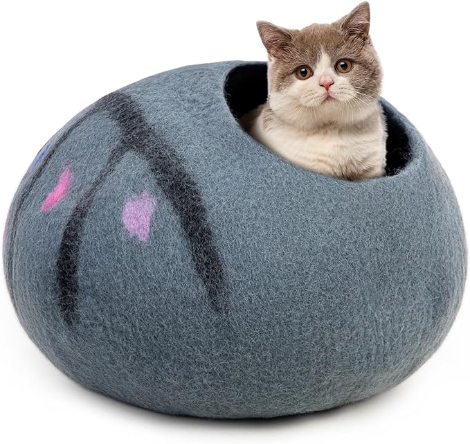 Woolygon Premium Felt Cat Cave Bed โ Wool Kitty Beds Handcrafted Kitten Caves Bed for Indoor Cats - Made from 100% Eco-Friendly Merino Wool, Foldable Cat Hidewawy Covered Cat Houses (Enchanted Tree)