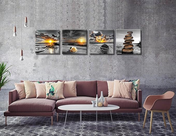 Yxbhhym Black and White Gold Beach Wall Art Ocean Canvas Seascape Prints Posters Zen Wall Decor Sea Sunrise Scenery Wall Pictures Coastal Paintings for bathroom Wall Art Framed -12"x12"inches x 4 pcs
