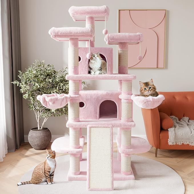 SHA CERLIN 68 Inches Multi-Level Large Cat Tree for Large Kitties/Big Cat Tower with Condo/Cozy Plush Pussycat Perches/Sisal Scratching Posts and Hammocks/Activity Center/Pink