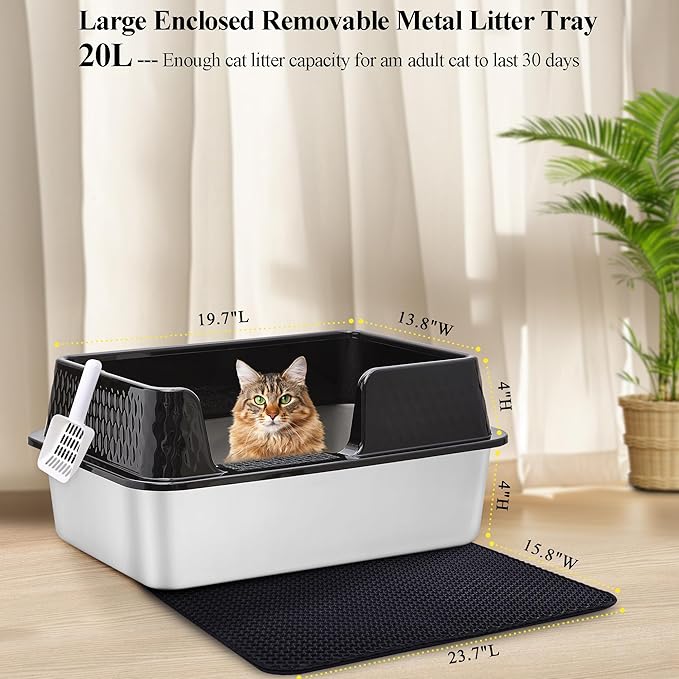 Vealind Stainless Steel Cat Litter Box High Sided Metal Cats Litter Pan Tray Enclosed with Scoop Mats Non-Sticky Anti-Leakage Easy Cleaning Kitty Litter Boxes