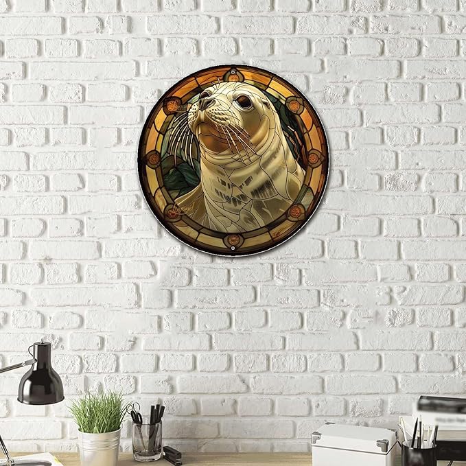 Lygond Metal Sign Tin Sign Circular Stained Glass Harbor Bathroom Signs Decor For Patio 12×12 Inches