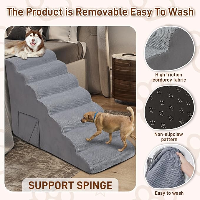 Dog Stairs & Steps for High Beds 30-36 inches High Tall, LitaiL 33inch 7 Steps Pet Stairs/Steps for High Beds Small Large Dogs, Non-Slip Dog Ramps/Ladder for Old Dogs/Cats