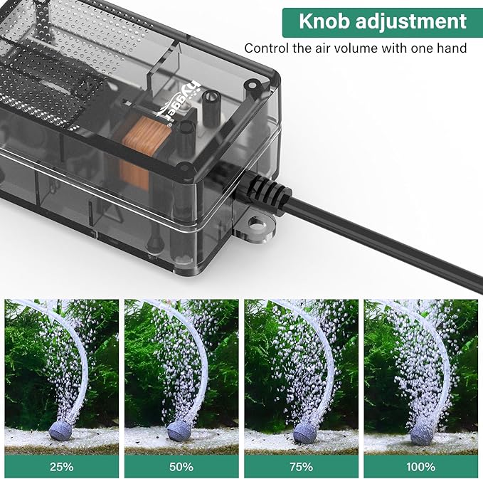 hygger See-Through Air Pump for Aquarium: Adjustable Oxygen Pump,Silent Powerful Aerator Pump 1.5W 1 Air Outlets Ultra Silent for Small Fish Tank,Hydroponic Systerm, Household Commercial Use