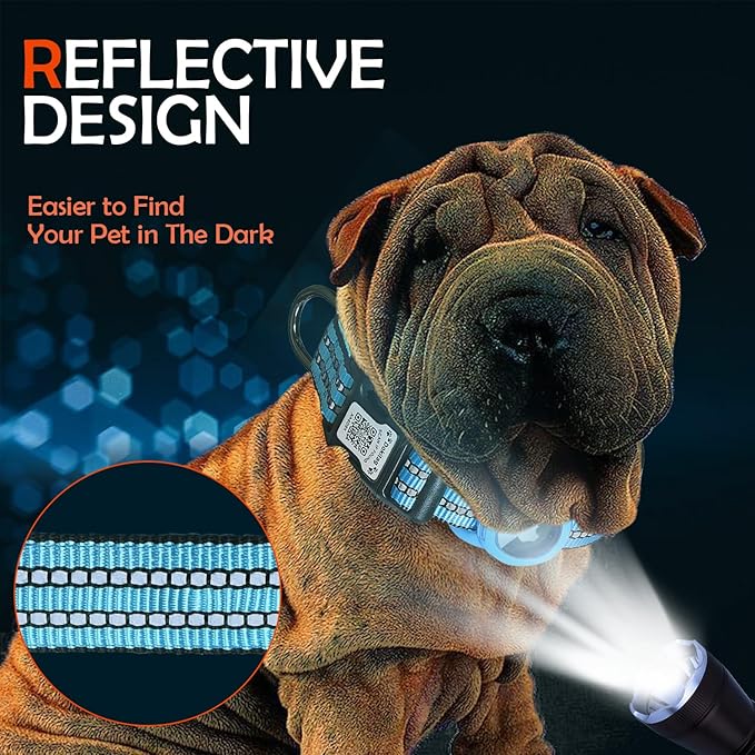 Reflective Dog Collar with Apple AirTag Holder & QR Code Pet ID Tag,Soft Nylon Adjustable Dog Tracker Collar with Safety Lock for Medium Dogs(Blue, M)