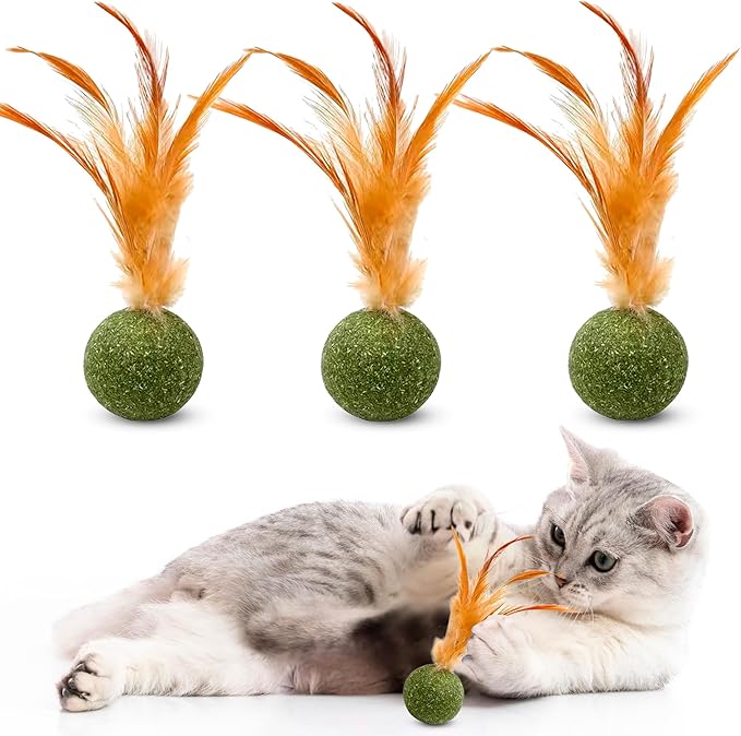 3 Pcs Catnip Balls with Feathers โ Natural Catnip Toy for Play, Stress Relief & Healthy Enrichment Interactive Cat Toys Perfect for Indoor Cats & Kittens, Encourages Active Play & Wellness