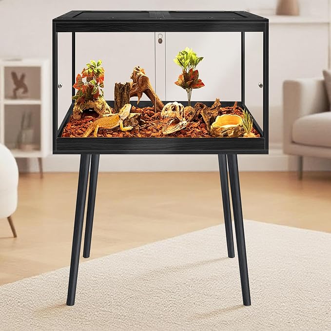 Prolee Bearded Dragon Tank with Leg Stand,Wooden Lizard Tank,Reptile Tank with Metal Mesh Roof Door, Acrylic Panel Snake Tank with Lock Design,Black,24"x16"x16"