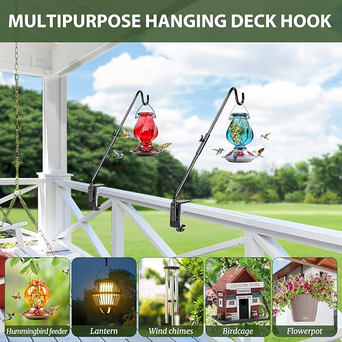 BOLITE Heavy Duty Deck Hook, 16 Inch Bird Feeder Hanger for Hummingbird Feeders, Planters, Lanterns, Wind Chimes, 360° Rotatable Arm, Black