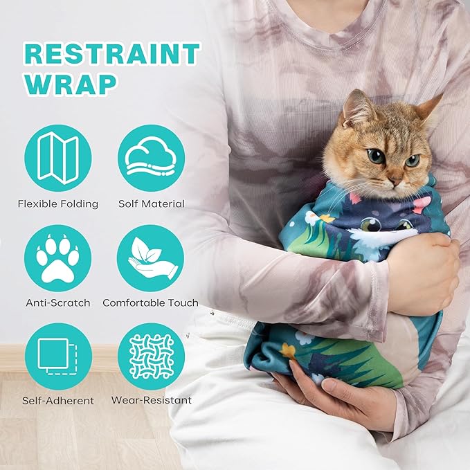 Cat Grooming Wrap, Cat Wrap for Cutting Nails, Self-Adherent Fabric Wrap for Cats, Cat Burrito Wrap Anti-Scratch, Anti-Escape, Multifunctional Swaddle Wrap Pet Tool 27.5×27.5"