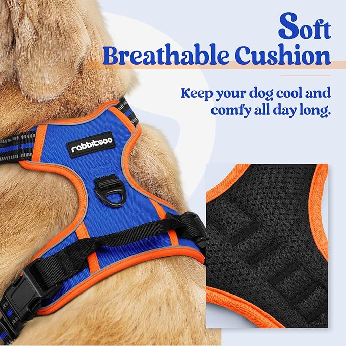 rabbitgoo Dog Harness No Pull with 2 Leash Clips, Adjustable Soft Padded, Reflective Oxford No Choke Pet Vest with Easy Control Handle for Medium Sized Dogs, Blue & Orange, M