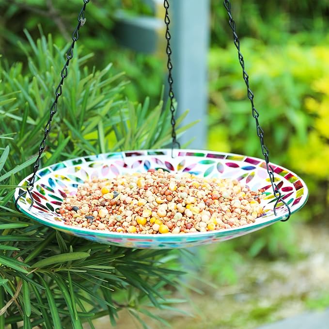 VCUTEKA Hanging Bird Bath, Glass Mosaic Bird Baths for Outdoors Birdfeeder with 21 inch Rust-Proof Chain for Garden Yard Decor