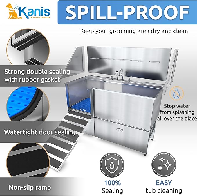 KANIS Professional Dog Washing Station - 304 Stainless Steel Pet Wash Sink & Grooming Bath Tub for Home with Ramp, Shower, Floor Grate, Storage Drawers, and Faucet for Large, Medium & Small Pets