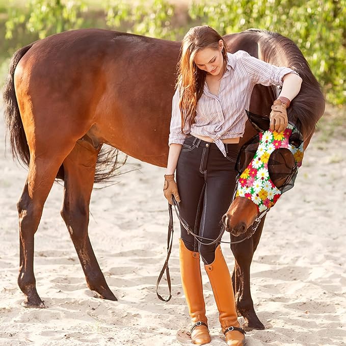 Frienda 4 Pieces Horse Fly Masks with Ears Face Covering UV Protection from Insect Pests Elasticity Smooth Comfortable Mesh Horse Mask Accessories(Flower,Medium)