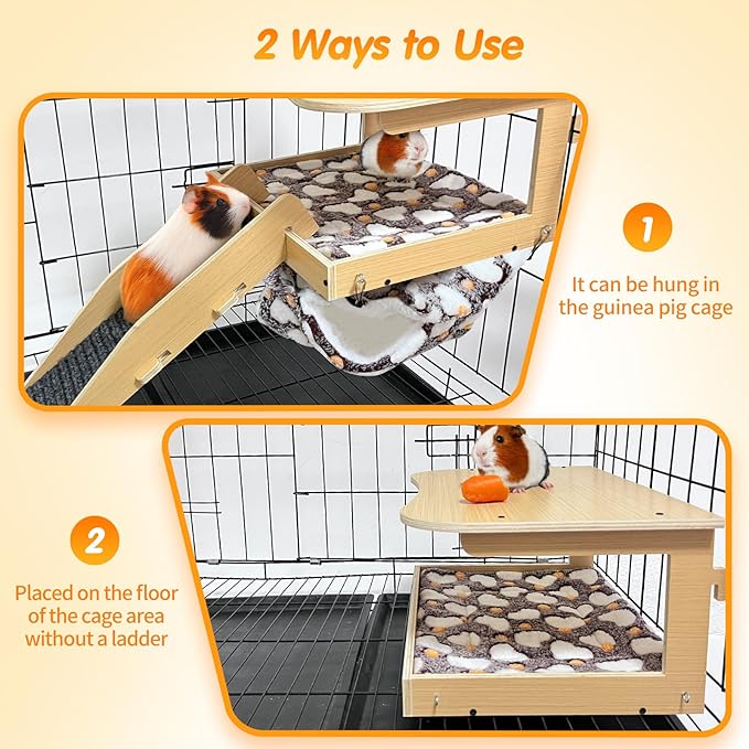 Guinea Pig Hideout,Natural Wood Removable Guinea Pig Bed, Small Animal Habitat with Hanging Hammock/Staircase/Cushion, Suitable for Small Animals to Hide, Rest, Play