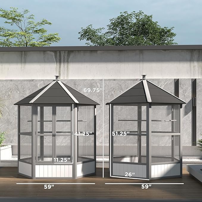 PawHut 69" Large Wooden Hexagonal Outdoor Aviary Flight Bird Cage with Covered Roof, Light Gray