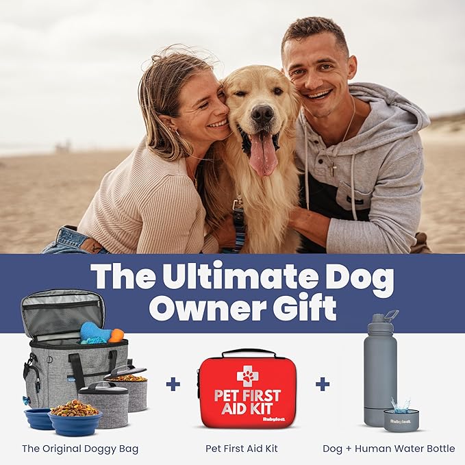 The Original Doggy Bag™- Dog Travel Bag for Supplies - Ultimate Gift for Dog Moms & Dads, Doggy Lovers & Pet Owners for Christmas- Includes 2 BPA-Free Travel Bowls and 2 Food Containers: Grey