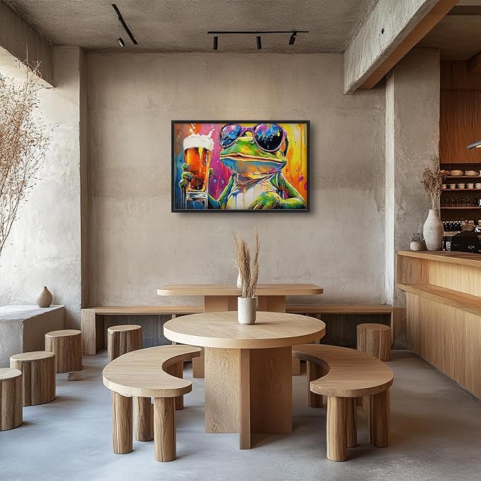 Large Graffiti Frog Wall Art for Living Room, Framed Oversized Funny Frog Beer Wall Decor Colorful Animal Canvas Painting Modern Artwork for Bathroom Bedroom Office Dining Room 36"x24"