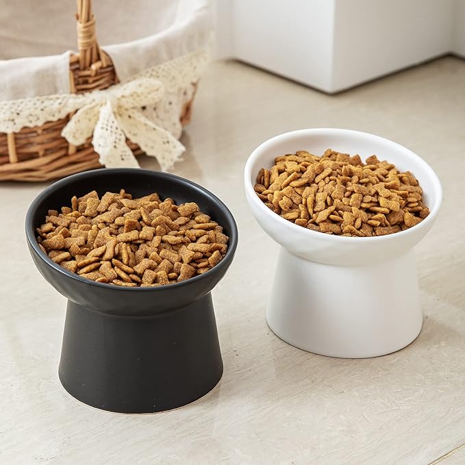 4 Pcs Small Ceramic Raised Cat Bowls, Tilted Elevated Food or Water Bowls, Stress Free, Backflow Prevention, Dishwasher and Microwave Safe, Lead & Cadmium Free(4pc White)