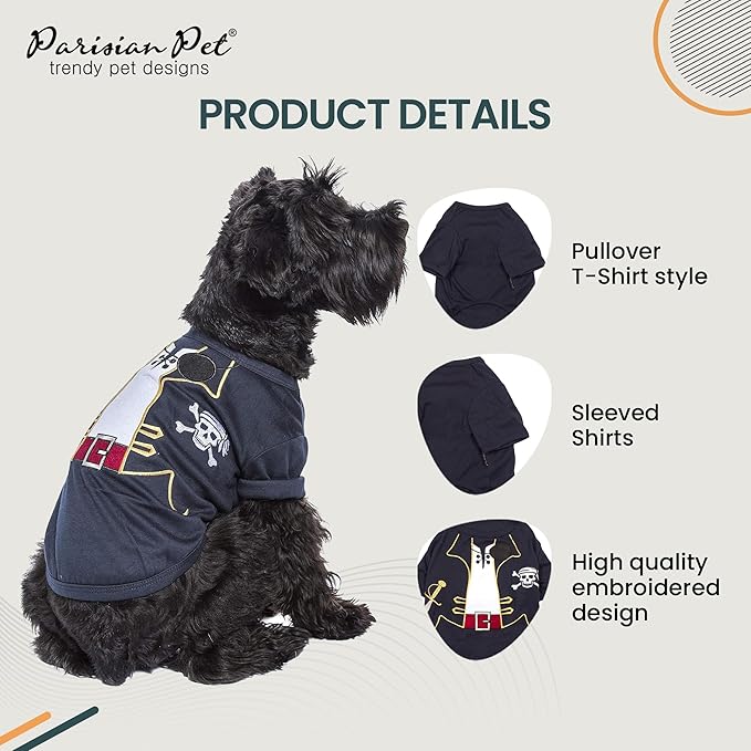 Parisian Pet Captain Sparrow - Pirate Dog Shirt - Embroidered Costume, 100% Cotton & Polyester, Sleeved, Black - Large Dog Shirt