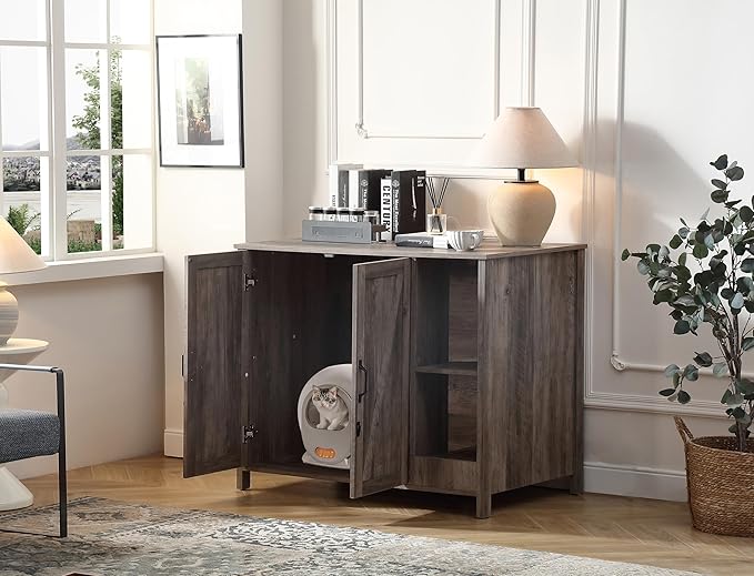 Cat Litter Robot Enclosure,Large Space for Placing Litter Robot 3/4,Power Outlet and Dog-Proof Shelf for Litter Robot Cabinet,Litter Collector for Automatic Litter Box Enclosure,Grey