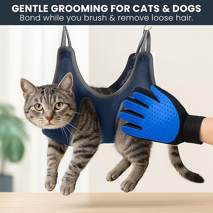 Pet Grooming Hammock Kit for Dogs & Cats - Includes Hammock Harness, Nail Clippers, Nail File, Grooming Glove, Dematting Comb, S-Hooks, Carabiners & Storage Bag for Easy Home Grooming Large (93ร56) cm