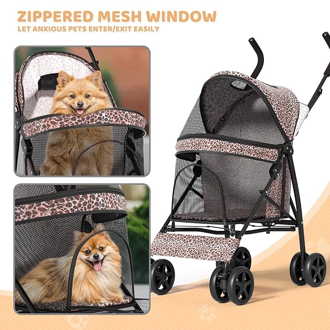 Magshion Compact Pet Stroller for Small-Medium Dogs/Cats up to 22lbs, 4-Wheel Lightweight Umbrella Shaped Portable Puppy Travel Jogger with Breathable Mesh, Cup Holder & Rear Storage, Leopard Print