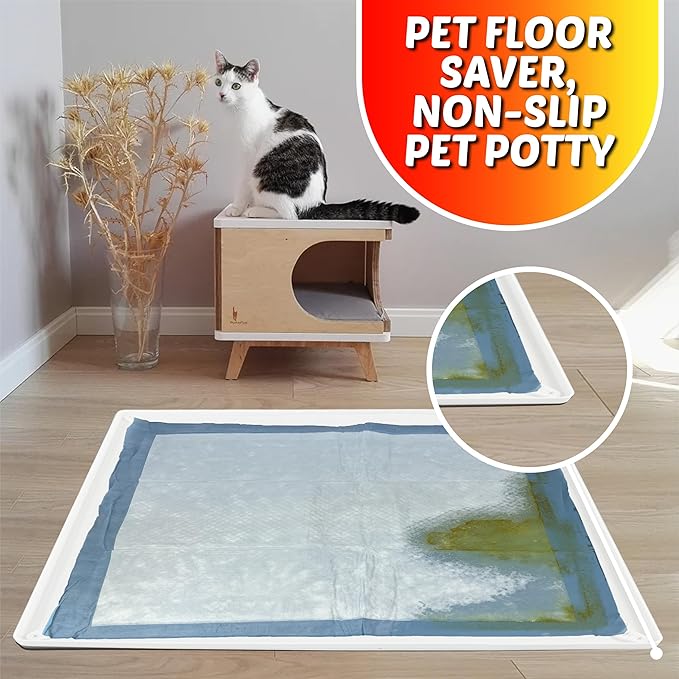 TidyFriend Dog Pee Pad Holder Tray Fits for 28” x 34” Pee Pads with Corner Lock Holes, Raised Edges, Non-Spill, Easy to Clean Silicone Dog Potty Tray Holder, For Indoor Floor Protection (White)