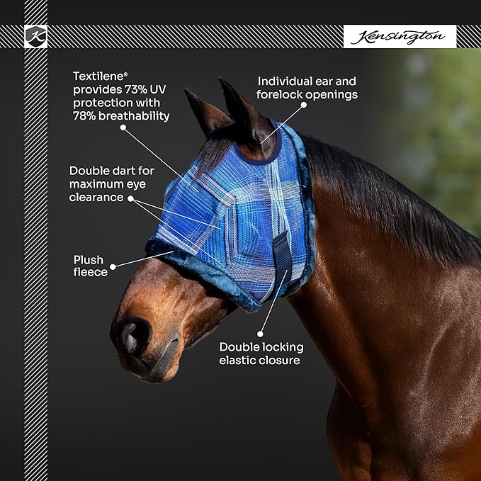 Kensington UV Fly Mask with Fleece Trim - Protective Mask with Dual Ear Opening & Forelock Freedom - Large, Deluxe Black