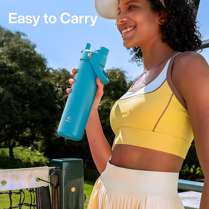 Insulated Water Bottle with Straw - Encool Stainless Steel Water Bottle, Leak-Proof, BPA-Free, Double Wall Vacuum Keeps Cold for 24 Hours for Sports, Travel, School (26 oz, Azure Blue)