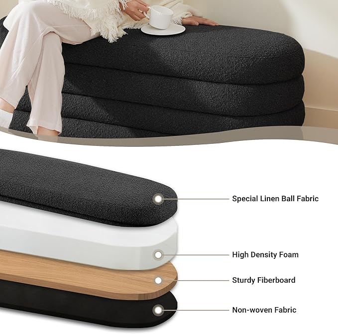 Storage Ottoman Bench 49.2 Inch Upholstered Fabric Storage Bench for Bedroom End of Bed Aesthetic Large Oval Ottoman for Living Room Entryway (Black)