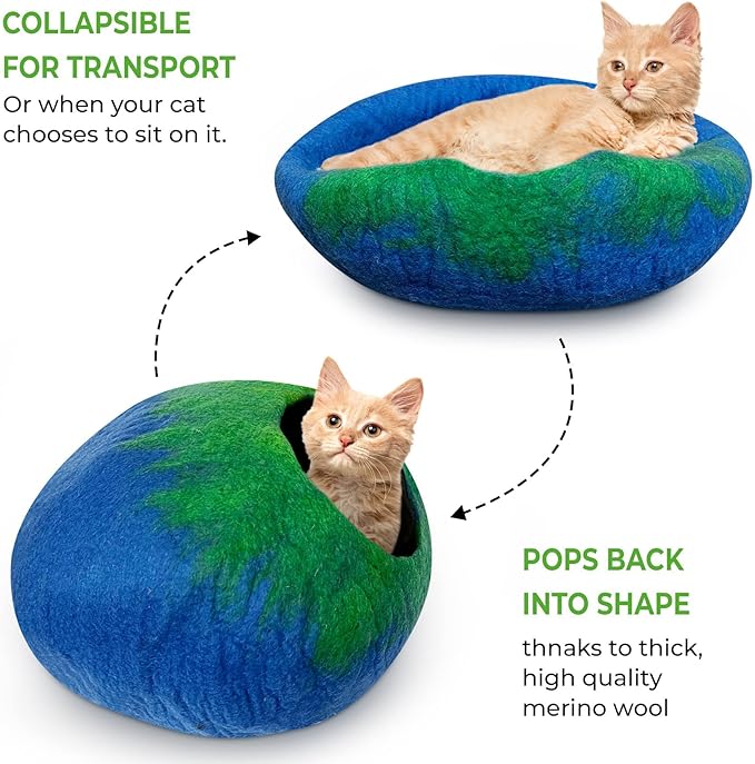 Woolygon Premium Felt Cat Cave Bed โ Wool Kitty Beds Handcrafted Kitten Caves Bed for Indoor Cats - Made from 100% Eco-Friendly Merino Wool, Foldable Cat Hidewawy Covered Cat Houses (Emerald Indigo)