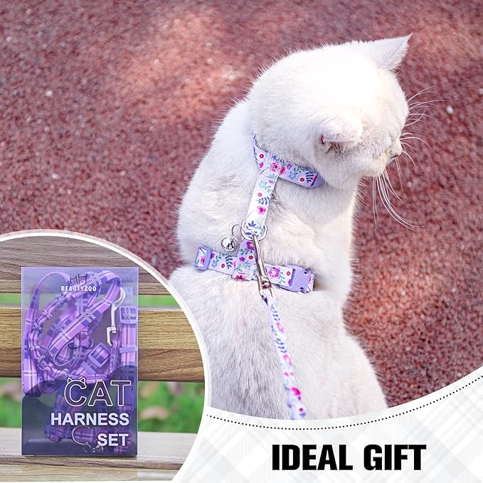 BEAUTYZOO Cat Harness and Leash Set Escape Proof for Walking, Kitten Soft Adjustable Vest Harnesses for Small Medium Large Cats, Easy Control Breathable Plaid Ribbon Nylon for Outdoor Indoor Use