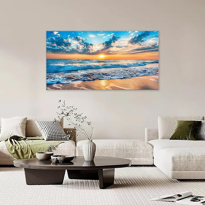 Large Beach Wall Art for Living Room Beach Sunset Ocean Waves Art Big Space Size Framed Canvas Prints Blue Pictures Painting Artwork Office Bedroom Home Decor 60"x30"