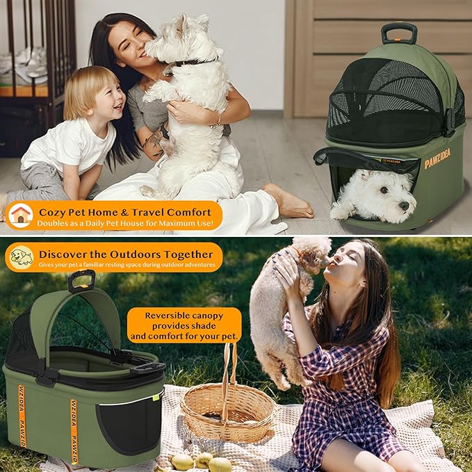 PAWZIDEA Cat Stroller 4 in 1, Pet Stroller for Small/Medium Dogs with Detachable Carrier Easy Lock NO-Zip Canopy, Seatbelt Dog Car Seat, Cozy House, Foldable Dog Jogger Strollers, Large Storage Basket