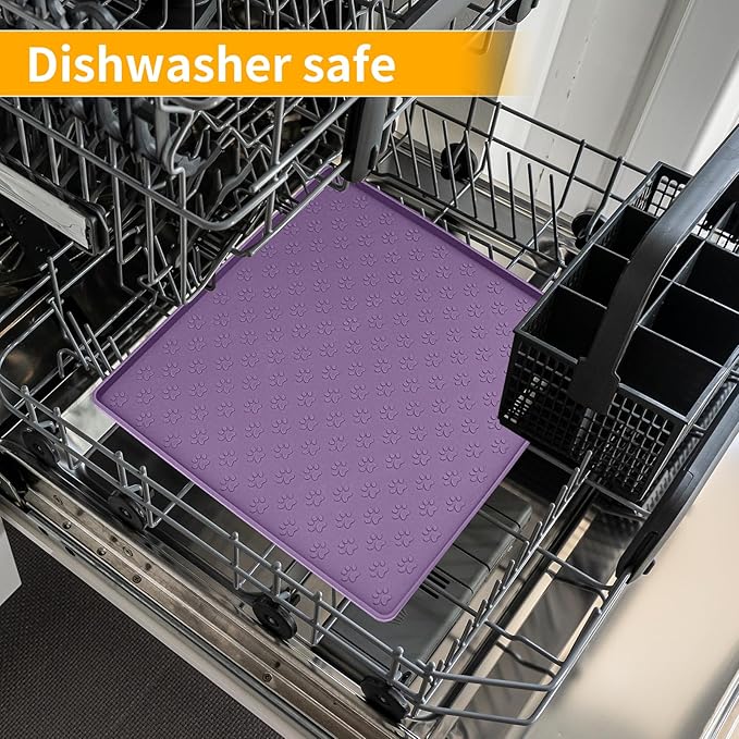 Ptlom Dog Food Mat Anti-Slip Bowl Mats for Food and Water, Waterproof Silicone Pet Placemat with High Raised Edges, Non-Slip Puppy Feeding Tray for Small, Medium Large Cats Dogs, Purple, 11.8"x11.8"