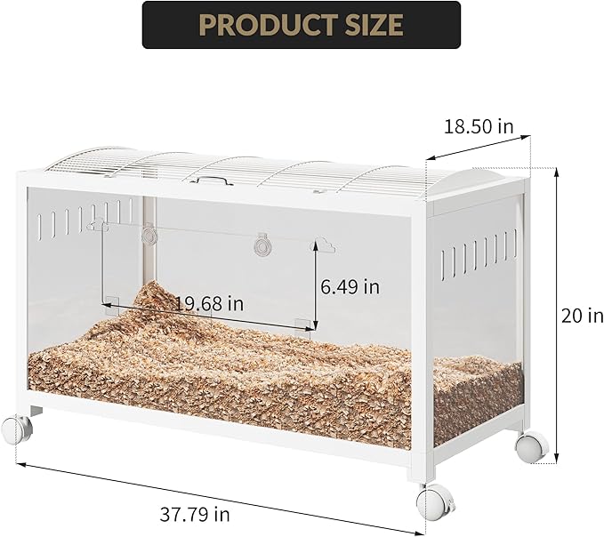 Large Metal Hamster Enclosure Rat Cage with 360 Viewing Acrylic Sides, Ventilated Front Door & Openable Top, Portable Hamster Tank for Guinea Pig, Chinchilla, Gerbil, 37.8''Lx18.5''Wx20''H White