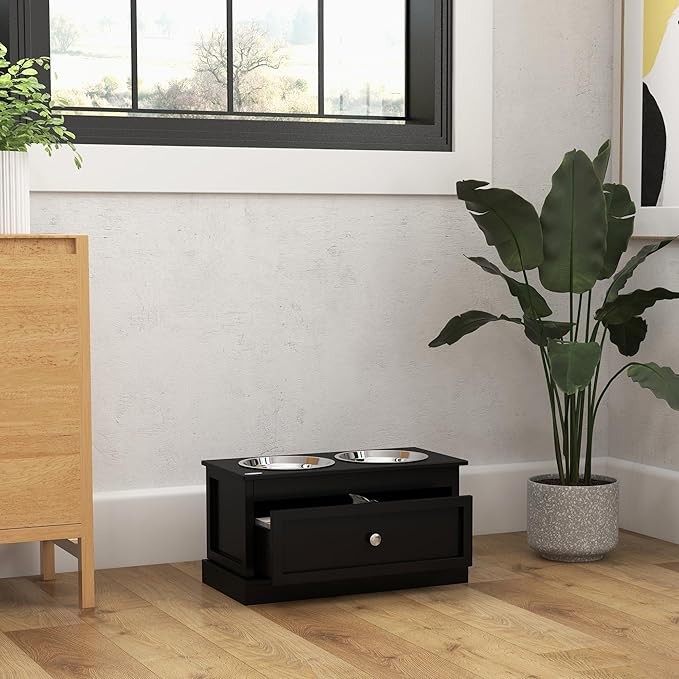 PawHut Large Elevated Dog Bowls with Storage Drawer - 11L Capacity, Raised Dog Bowl Stand Feeding Station, Black