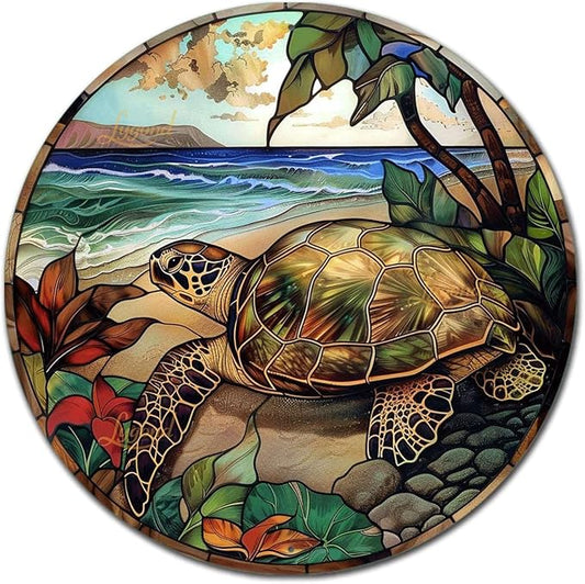 Lygond Metal Sign Tin Sign Circular Stained Glass Turtle Decor Outdoor for Yard 8×8 Inches
