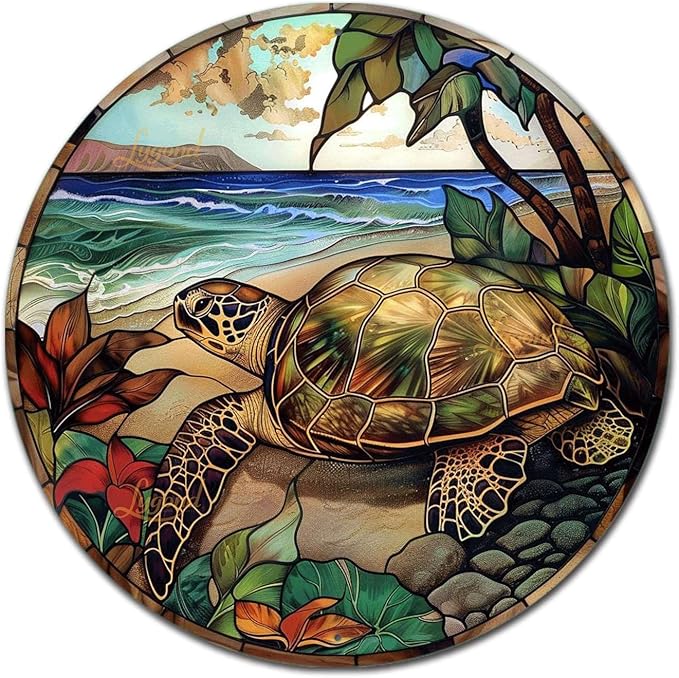 Lygond Metal Stained Glass Turtle Tin Sign for Home Decor - 1212 Inches