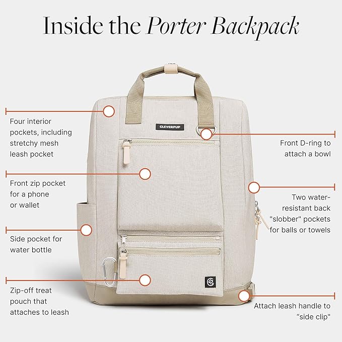 Porter 2-in-1 Dog Gear Backpack – Premium Dog Travel Bag with 10 Pockets, Zip-Off Treat Pouch, Leash Clip, Waterproof Pockets & Water Bottle Holder – Weekend, Hiking, Camping, Sand