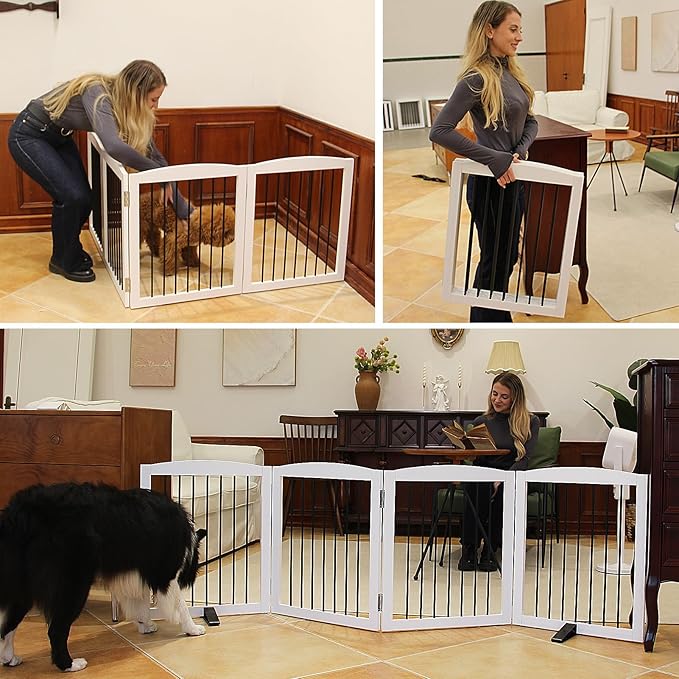 ZJSF Freestanding Foldable Indoor Dog Fence for Stairs Wood White Long Pet Gates for Dogs, Dog Gates for Hallways,Puppy Gates for House Support Feet Included 24 "Height-2 Panels
