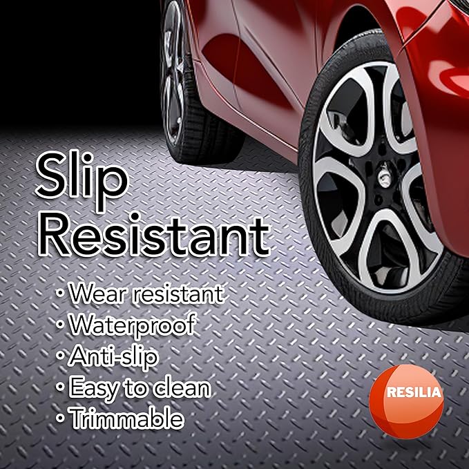RESILIA Heavy Duty Garage Floor Runner & Protector Mat - Slip Resistant Diamond Plate PVC Mats - Water, Spill, & Stain Resistant, Silver (4 feet x 15 feet), Made in The USA