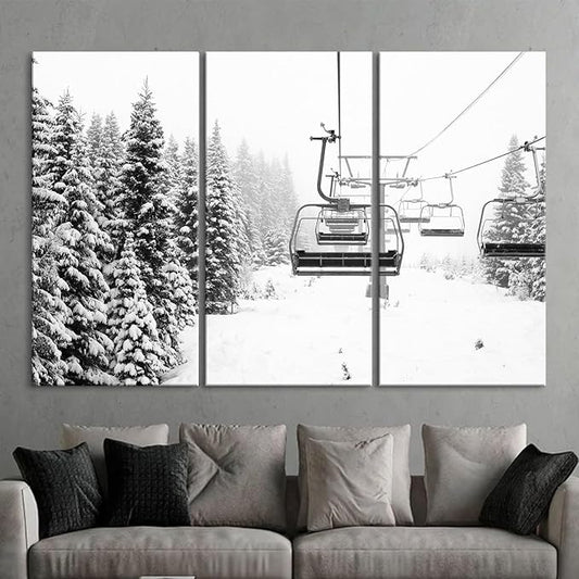 Nature Wall Art Prints - Ocean Forest Mountain Lake Canvas Landscapes - Small to Extra Large Living Room Bedroom Kitchen Bathroom Décor (Ski Lift on Snowy Mountain, 55L" x 83W"- 3 Panels)