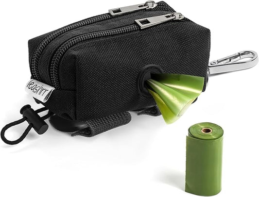 Dog Poop Bag Holder for Leashes - Dog Poop Bag Dispenser and Treat Holder with 2 Waterproof Pouches for Pet Waste Bags and Walking Accessories + 1 Free Roll - Leashrr 2.0 (Black)