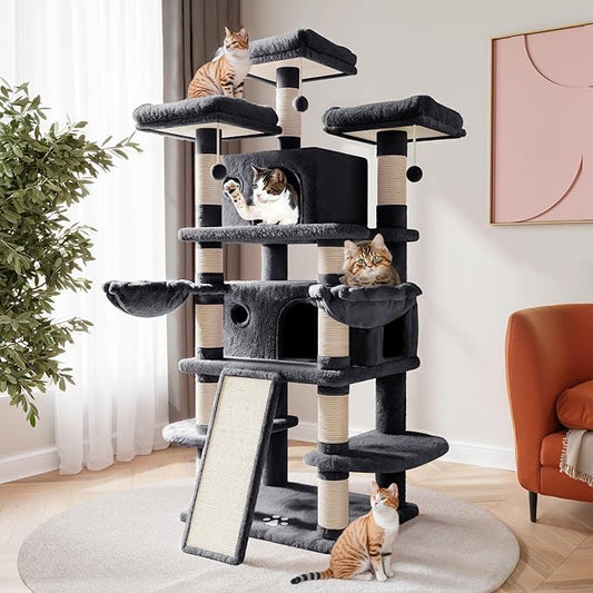 SHA CERLIN 68 Inches Multi-Level Large Cat Tree for Large Kitties/Big Cat Tower with Condo/Cozy Plush Pussycat Perches/Sisal Scratching Posts and Hammocks/Activity Center/Dark Grey