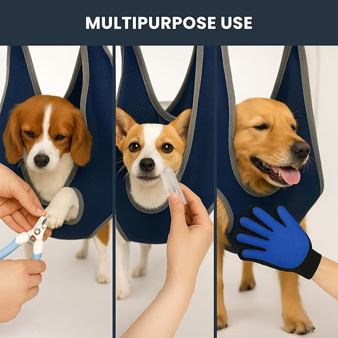 Pet Grooming Hammock Kit for Dogs & Cats - Includes Hammock Harness, Nail Clippers, Nail File, Grooming Glove, Dematting Comb, S-Hooks, Carabiners & Storage Bag for Easy Home Grooming Large (93ร56) cm
