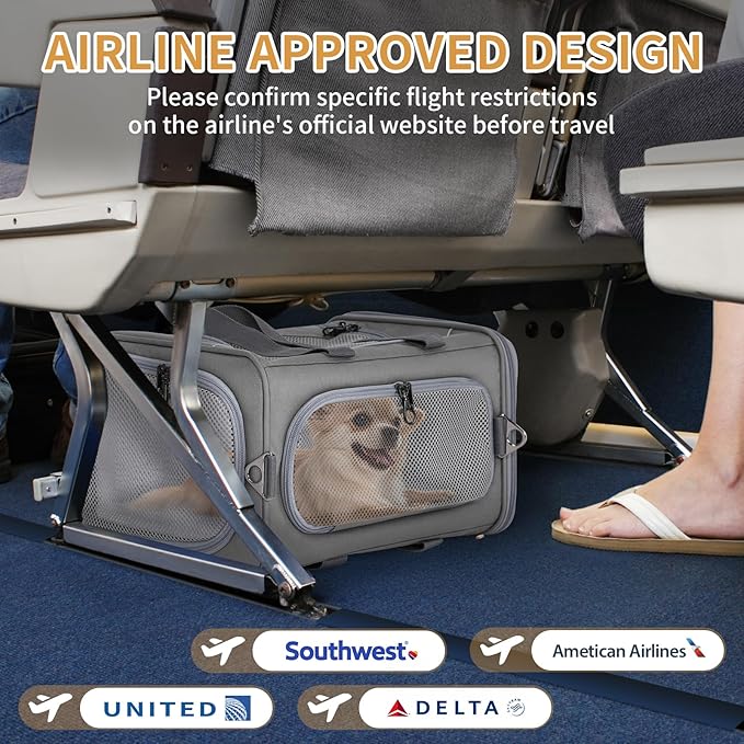 Petsfit Airline Approved Pet Carrier for Small Dogs & Cats, 19x9x12 TSA Approved Carrier, with Removable Dual-Sided Padding (2-Way Placement) - Fits Under Most Airplane Seats, Escape Proof (Gray)