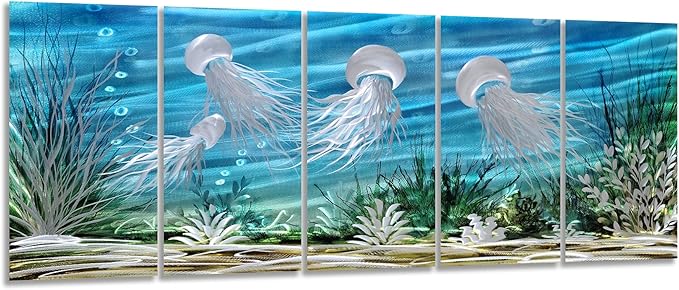 SYGALLERIER Coastal Metal Wall Art Handcrafted 3D Jelly Fish Aluminum Artwork Modern Sea World Pictures Contemporary Abstract Sculpture for Living Room Bedroom Bathroom Decor